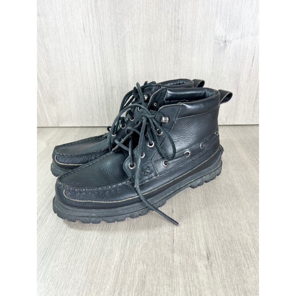 Polo Ralph Lauren Black Leather Ranger Moc Toe Lug Sole Boots WF4361 Womens 9B